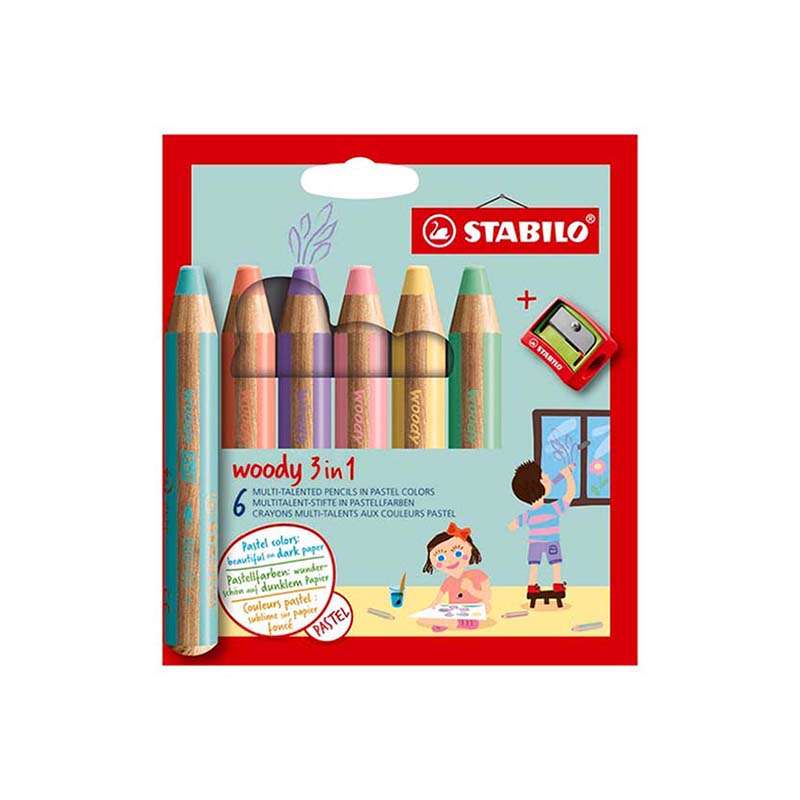 Ξυλομπογιές Stabilo Woody 880 Pastel Σετ 6τεμ. + Ξύστρα